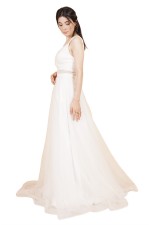 Ecru Low Cut Evening Dresses with Straps at the Waist