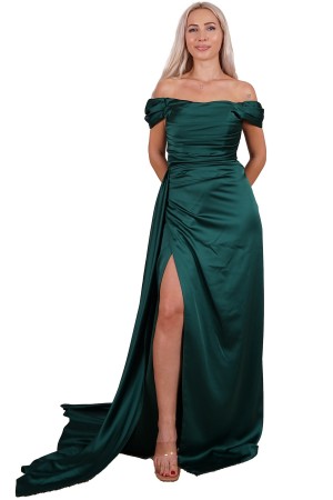 Emerald Off Shoulder Slit Satin Evening Dress