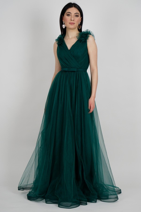 Emerald V Neck Tulle Evening Dresses