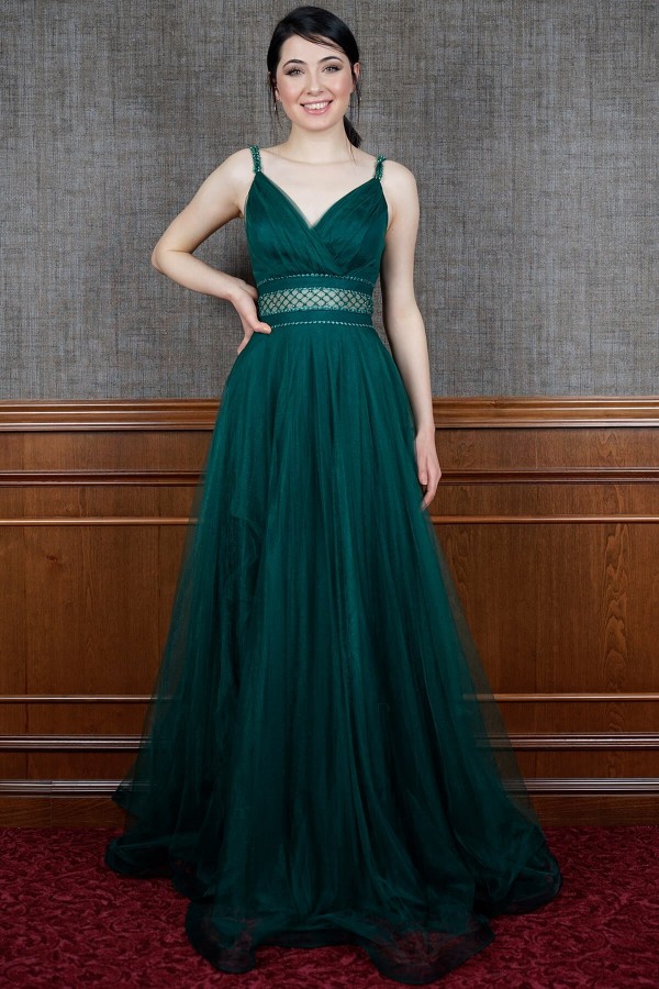 Green Low Cut Evening Dresses with Straps at the Waist
