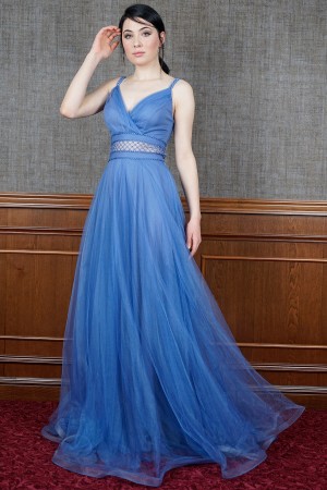 Indigo Low Cut Evening Dresses with Straps at the Waist