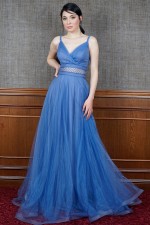 Indigo Low Cut Evening Dresses with Straps at the Waist