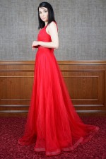 Red Low Cut Evening Dresses with Straps at the Waist