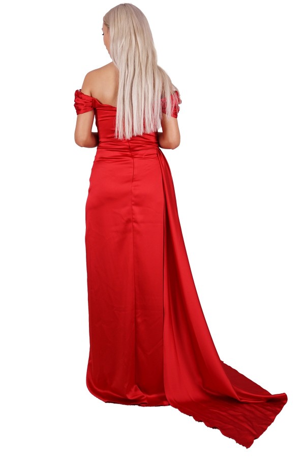 Red Off Shoulder Slit Satin Evening Dress