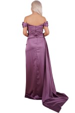 Lavender Off Shoulder Slit Satin Evening Dress