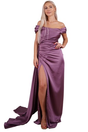 Lavender Off Shoulder Slit Satin Evening Dress