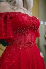 Red Handkerchief Sleeve Guipure Evening Dresses