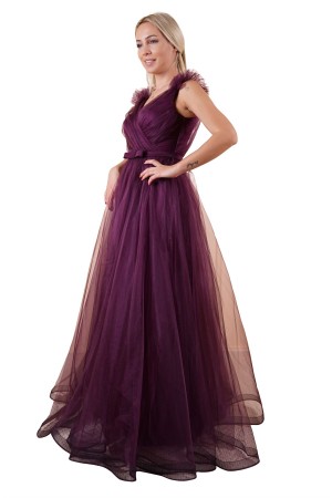 Purple V Neck Tulle Evening Dresses