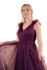 Purple V Neck Tulle Evening Dresses