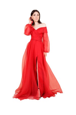 Red Balloon Sleeve Organized Fabric Evening Dresses