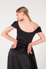 Black Off Shoulder Slit Satin Evening Dress