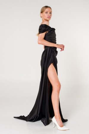 Black Off Shoulder Slit Satin Evening Dress