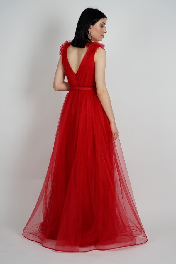 Red V Neck Tulle Evening Dresses