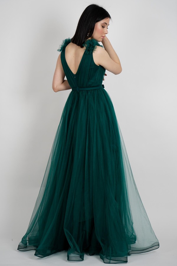 Emerald V Neck Tulle Evening Dresses